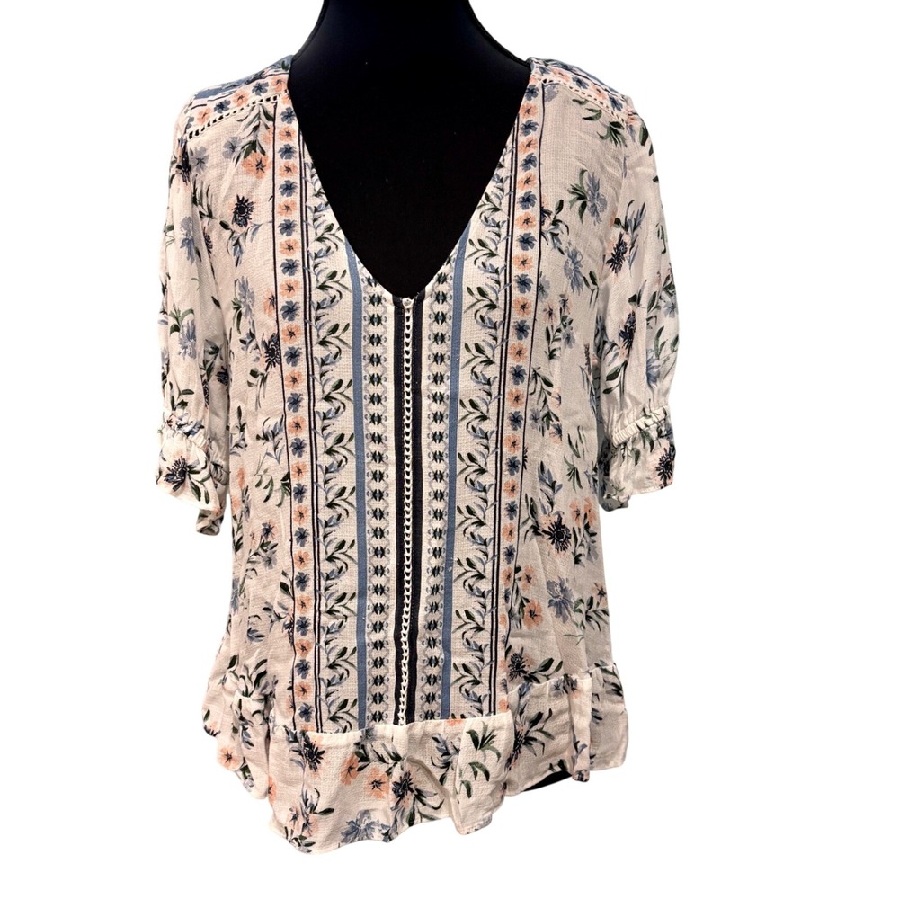 Lucky Brand Liane Floral Top V Neck Blouse Medium‎ !00% Viscose